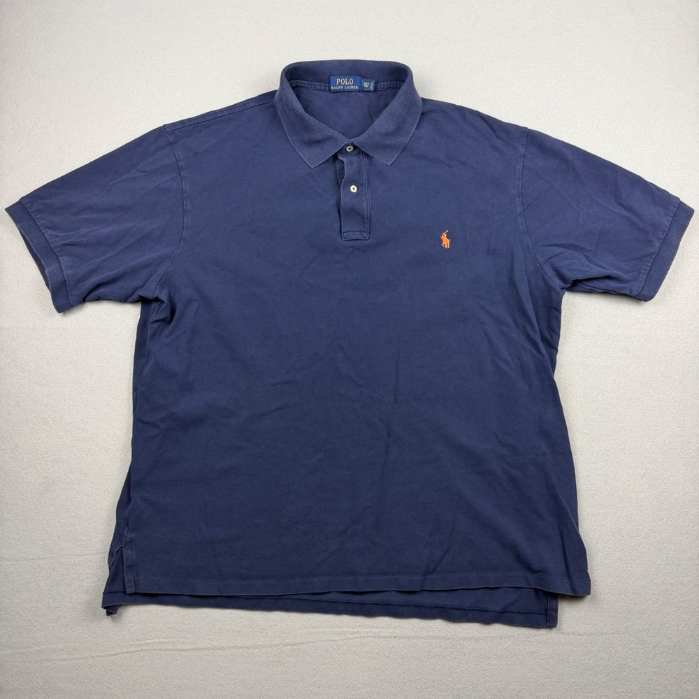 Polo Ralph Lauren Men 2XLT Navy Blue Short Sleeve Pique Polo Shirt Orange Pony